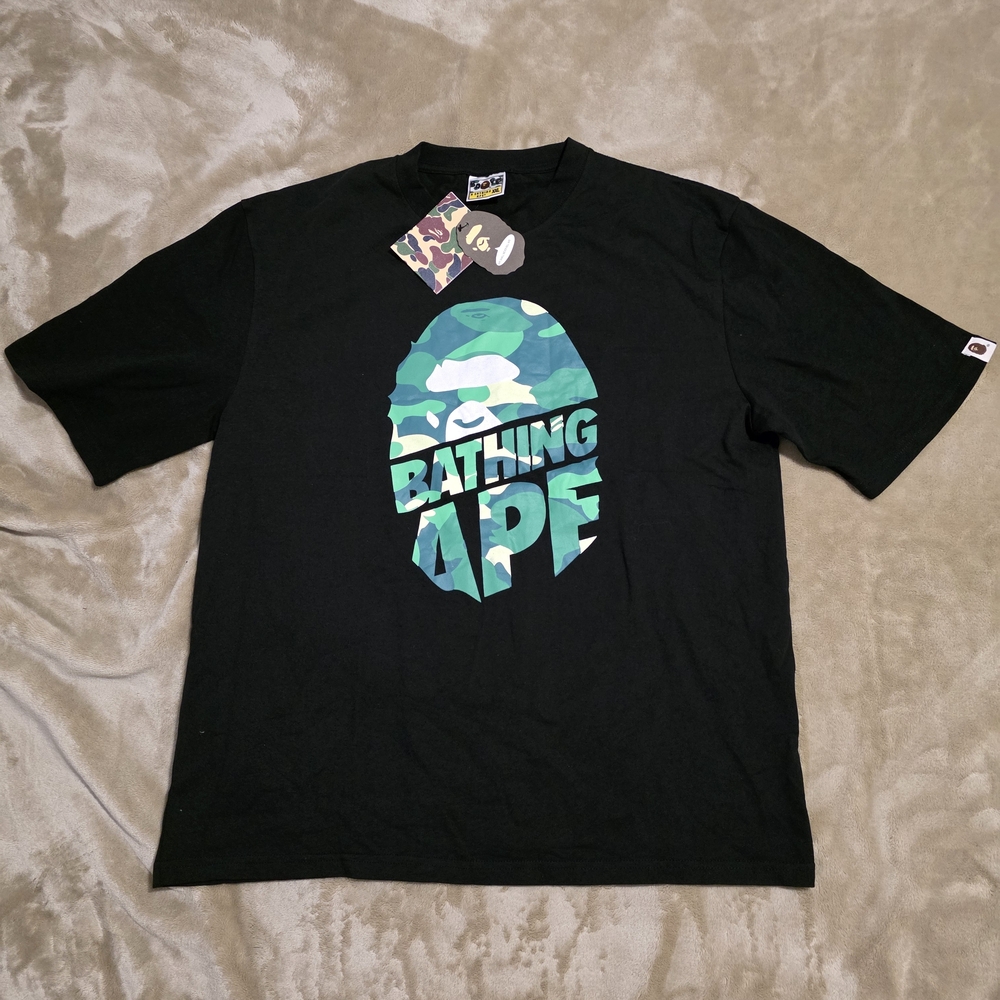 Bape Black Tee with Green Blue Camo 'Bathing Ape' Graphic